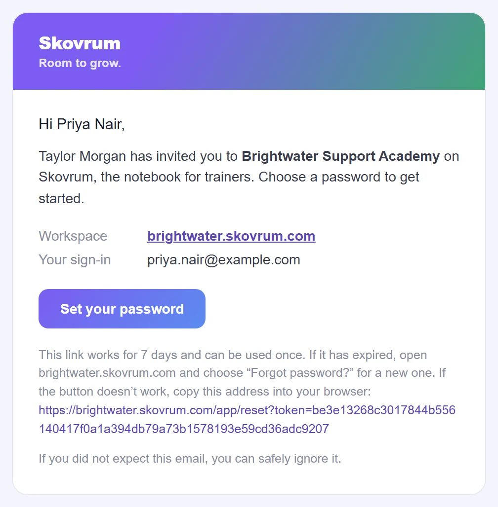 The invitation email: who invited you, the workspace address, your sign-in email and a Set your password button