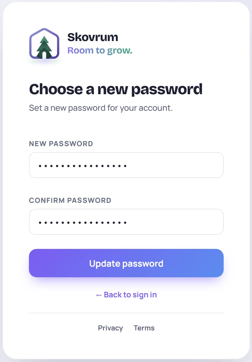Choose a new password: new password, confirm password and Update password