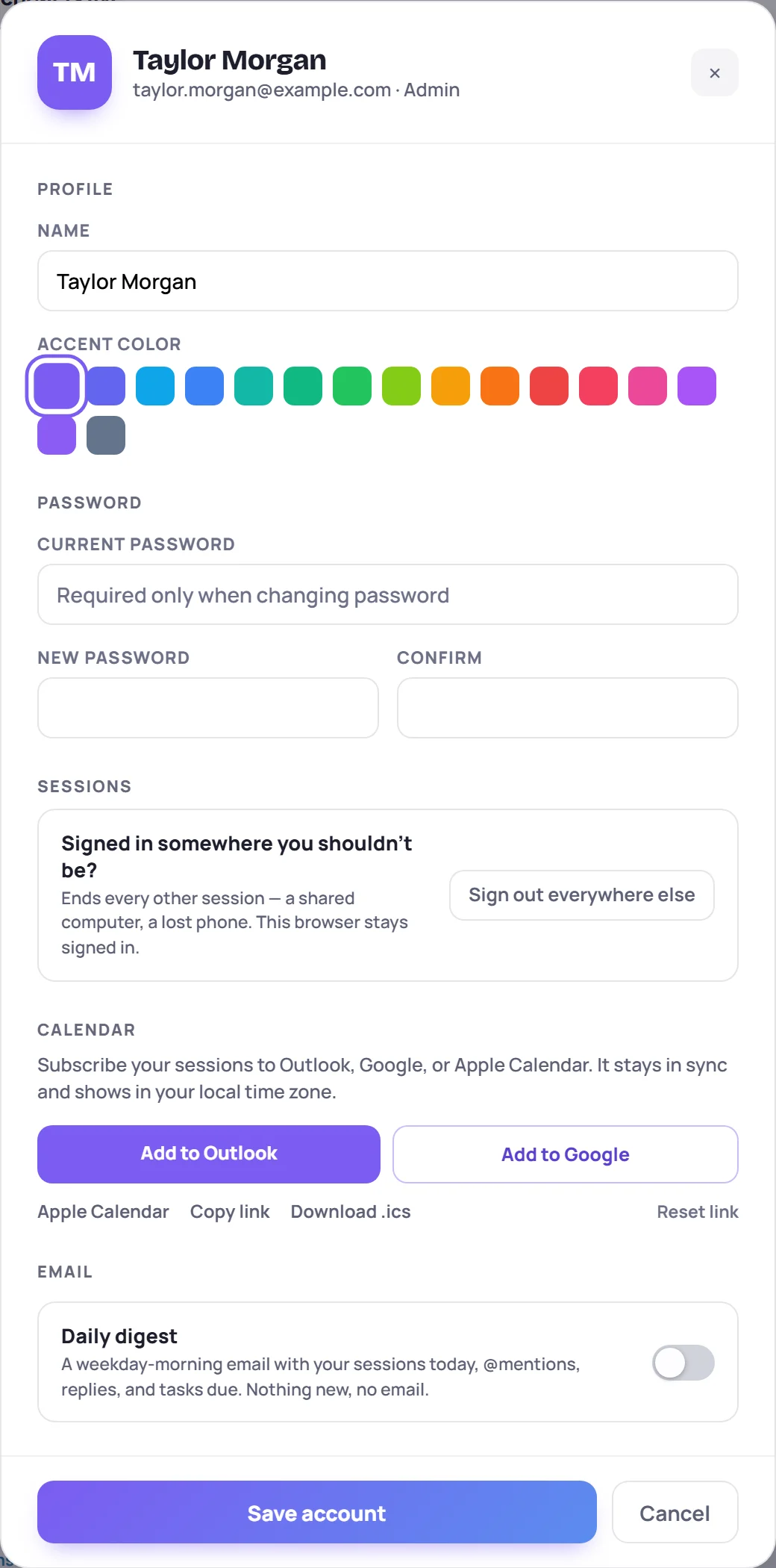 Account settings: name, accent color, password, sign out everywhere else, calendar and daily digest