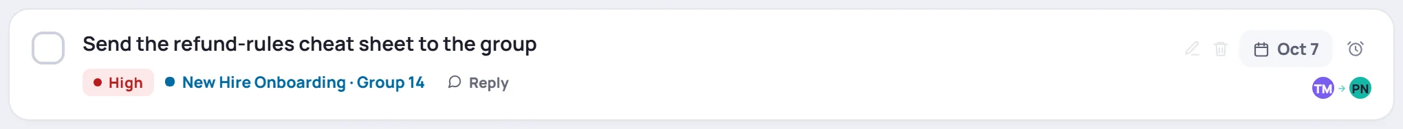 The same action item on the Tasks screen, with its date and the creator and assignee