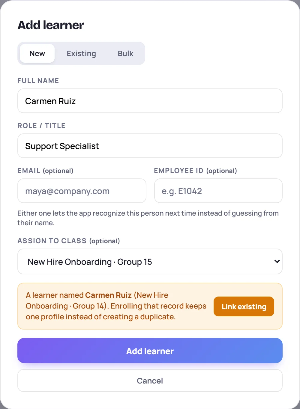 The New tab, with a warning that a learner named Carmen Ruiz is already on file and a Link existing button