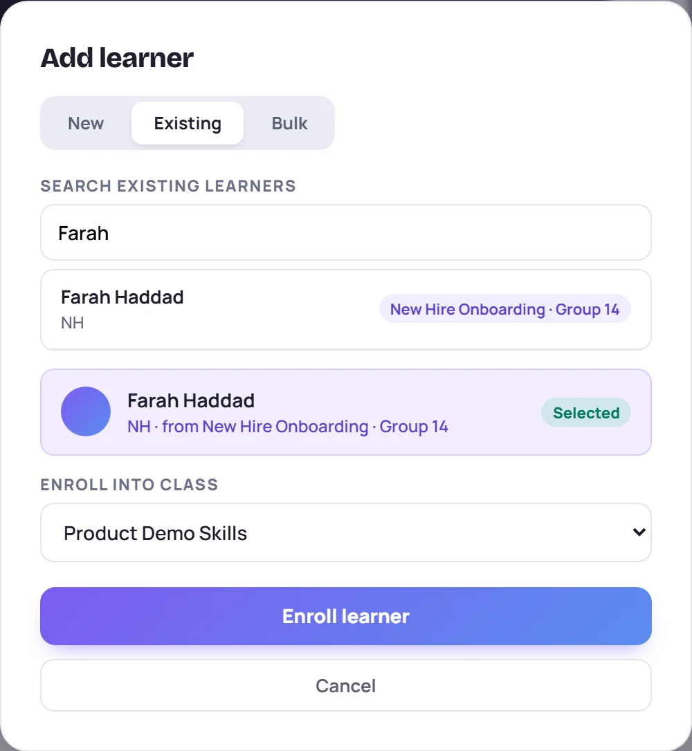 The Existing tab: Farah Haddad found by search and selected, to be enrolled in Product Demo Skills
