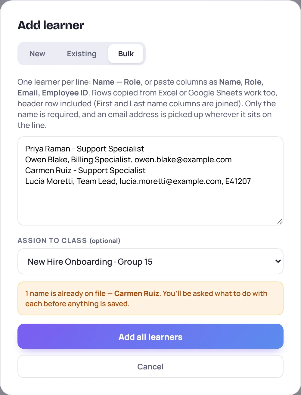 The Bulk tab with four pasted lines and a note that 1 name is already on file