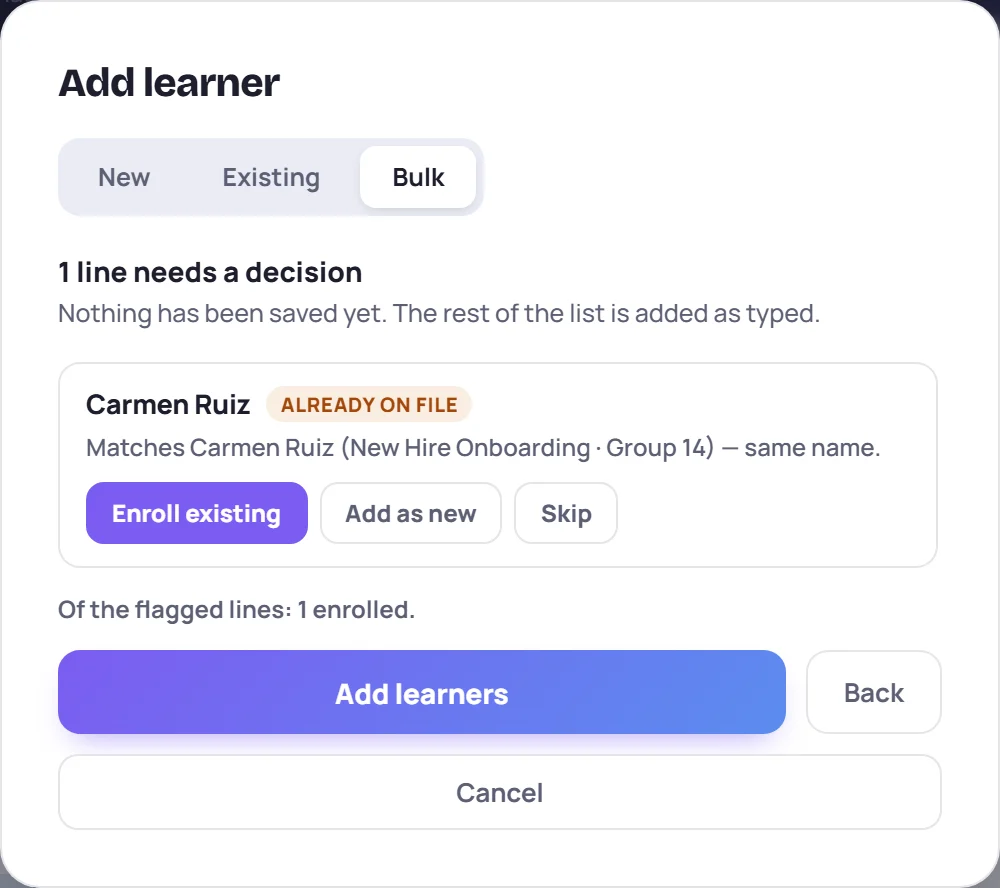 The review step: 1 line needs a decision, with Enroll existing, Add as new and Skip