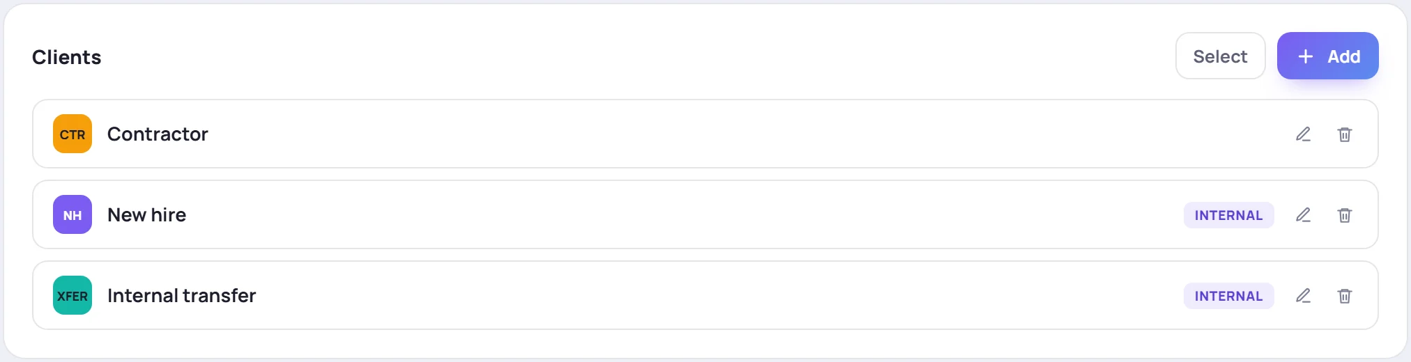 The Clients card in Manage → Data: each one with its code, name, and an Internal label