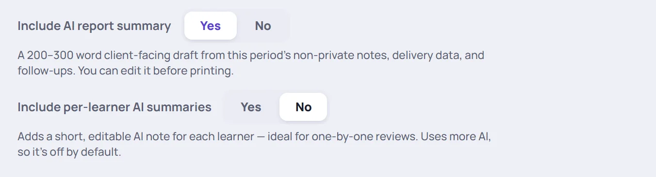 The AI switches on Export report: Include AI report summary and Include per-learner AI summaries