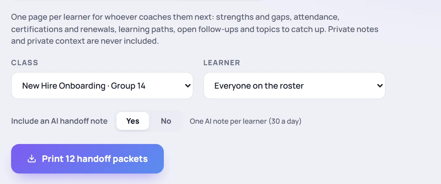 The Handoff packets tab with Include an AI handoff note set to Yes