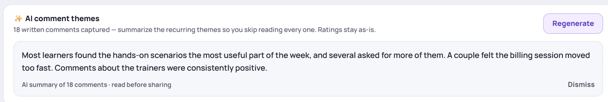 AI comment themes on a class's Surveys tab: a summary of 18 comments, marked read before sharing