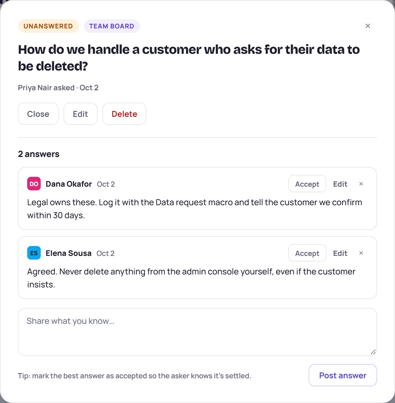 A team question with two answers, from Dana Okafor and Elena Sousa, each with Accept, Edit and delete