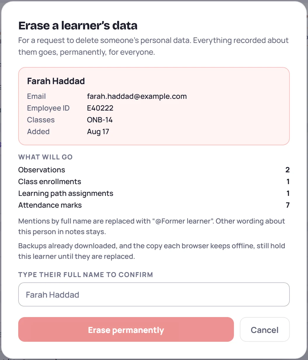 The Erase a learner's data dialog: Farah Haddad's details, what will go, and the box to type her name