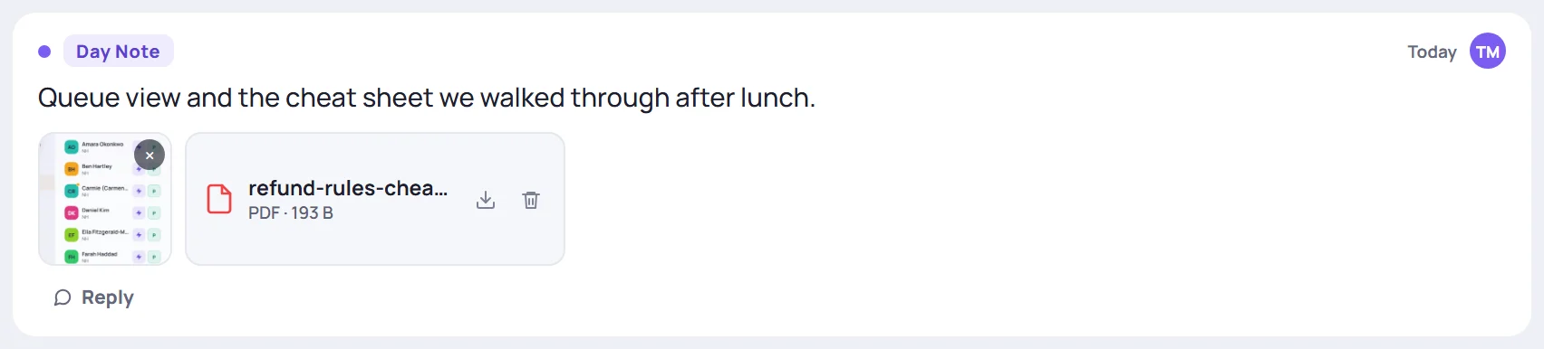 A saved note with an image thumbnail and a PDF, which has download and delete buttons