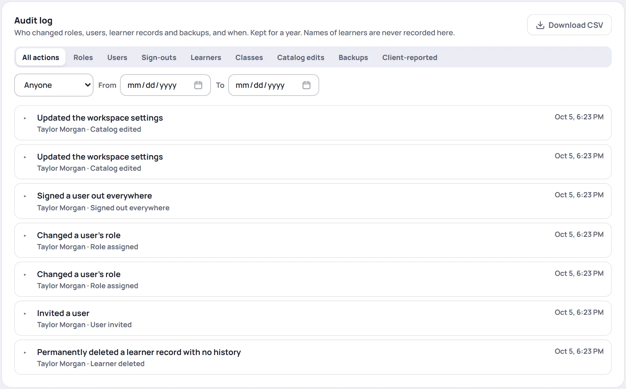 Manage → Audit: the action filters, Who, From and To, and the entries newest first, each with who did it and when
