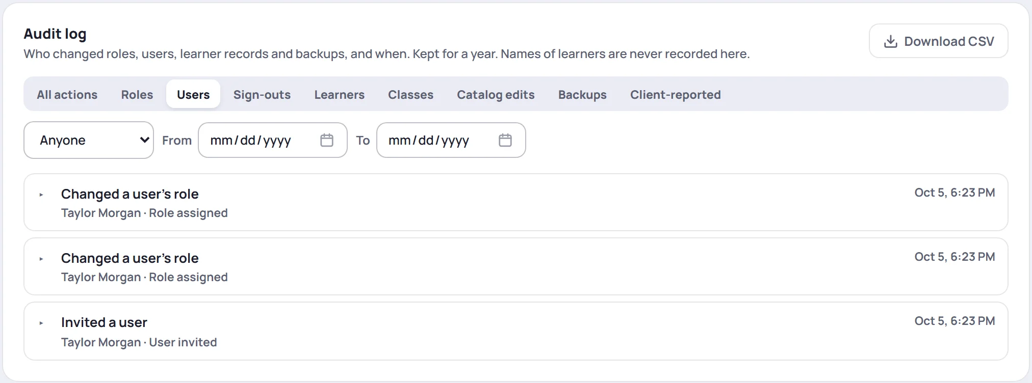 The log filtered to Users: invitations and role changes