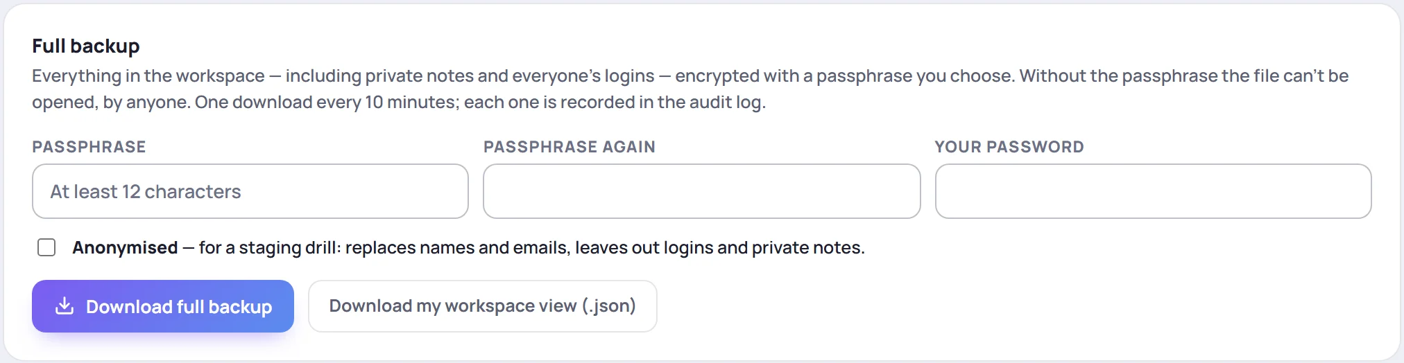 The Full backup card: passphrase, passphrase again, your password, the Anonymised option and Download full backup