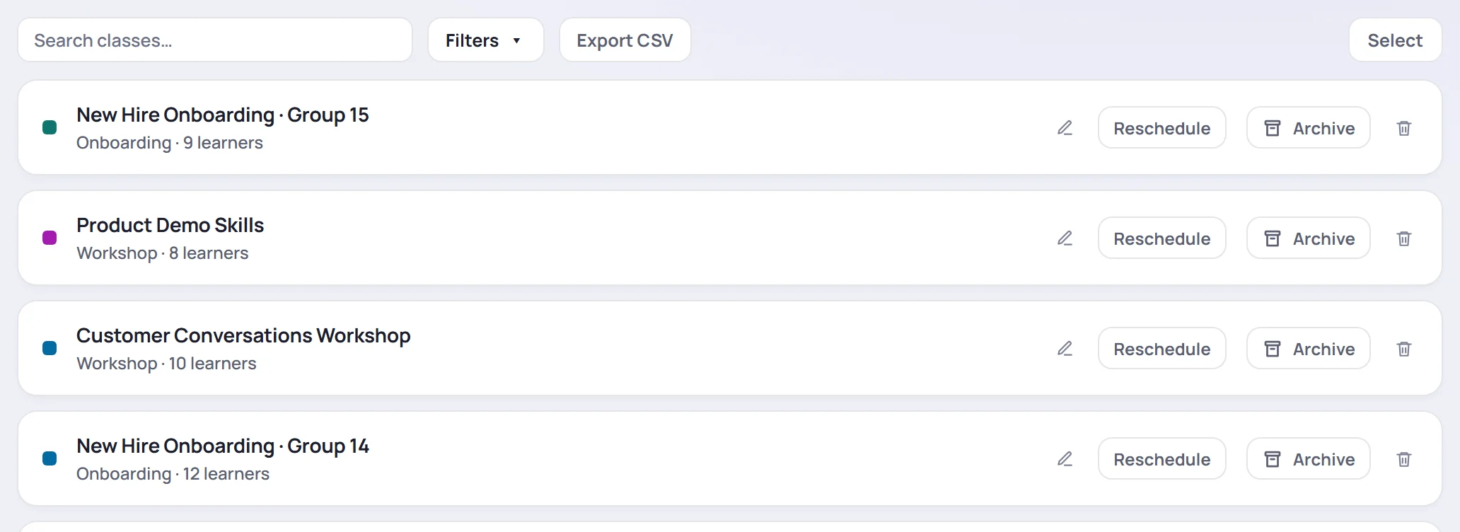 Manage → Classes: a row per class with edit, Reschedule, Archive and delete