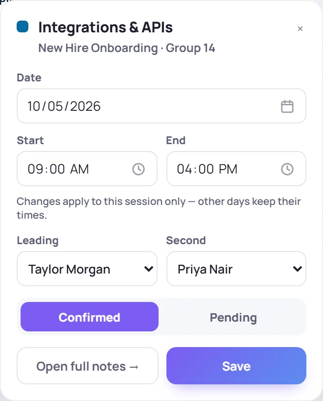 The session form: Date, Start, End, Leading and Second, Confirmed or Pending, Open full notes and Save