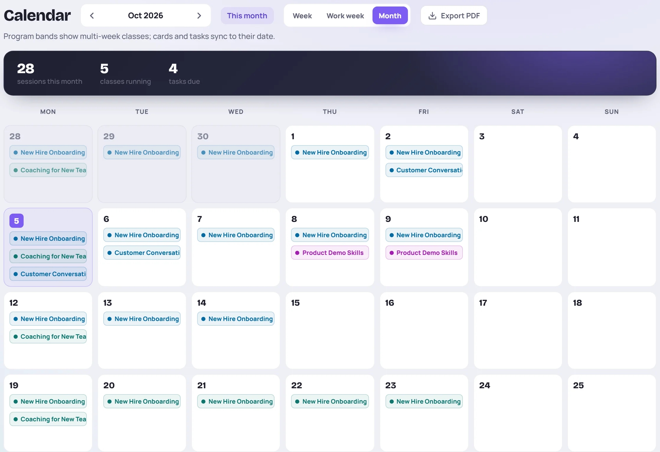 The month view: each day lists its sessions by class