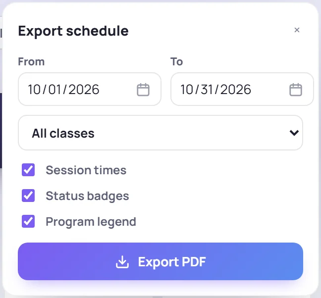 The Export schedule panel: From and To dates, a class, three options and the Export PDF button