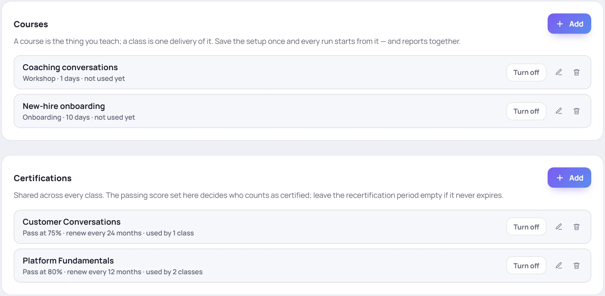 The Courses and Certifications cards: each entry with its details and Turn off, edit and remove buttons