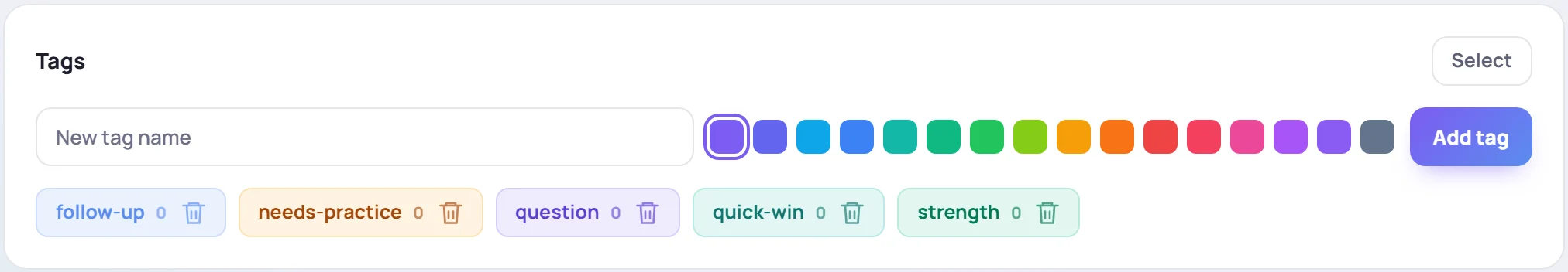 The Tags card: a new tag name, color swatches and Add tag, then each tag with how many times it's used and a delete button