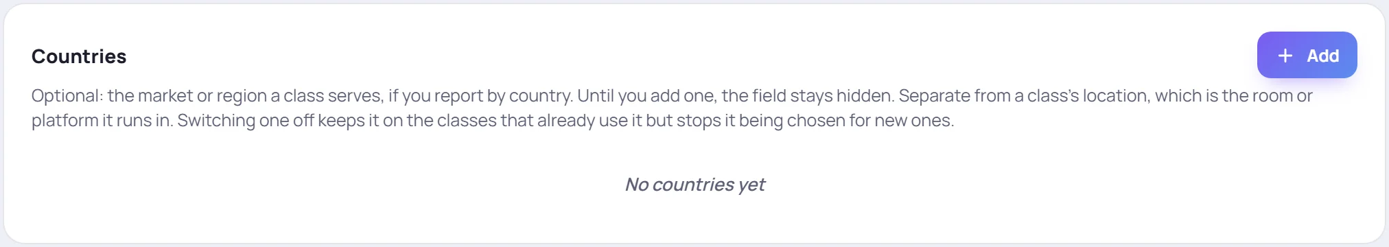The Countries card, empty: No countries yet