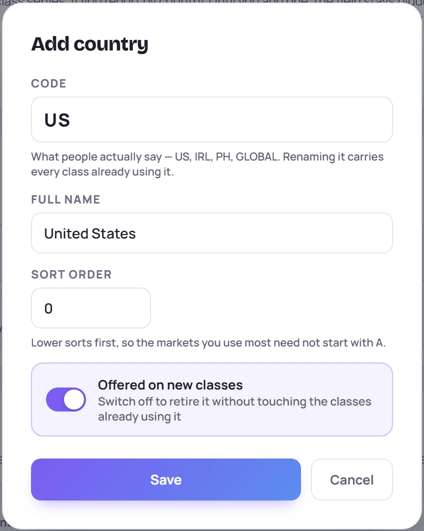 Add country: code, full name, sort order and Offered on new classes