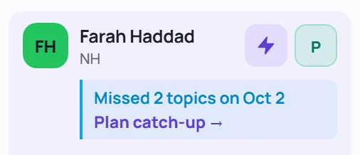 A session roster panel for Farah Haddad: Missed 2 topics on Oct 2, and Plan catch-up