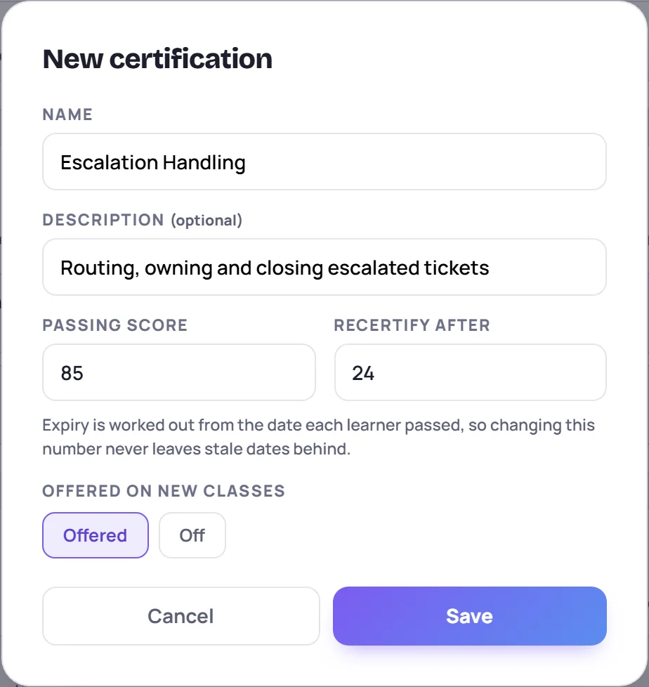 The New certification form: name, description, a passing score of 85 and recertify after 24 months