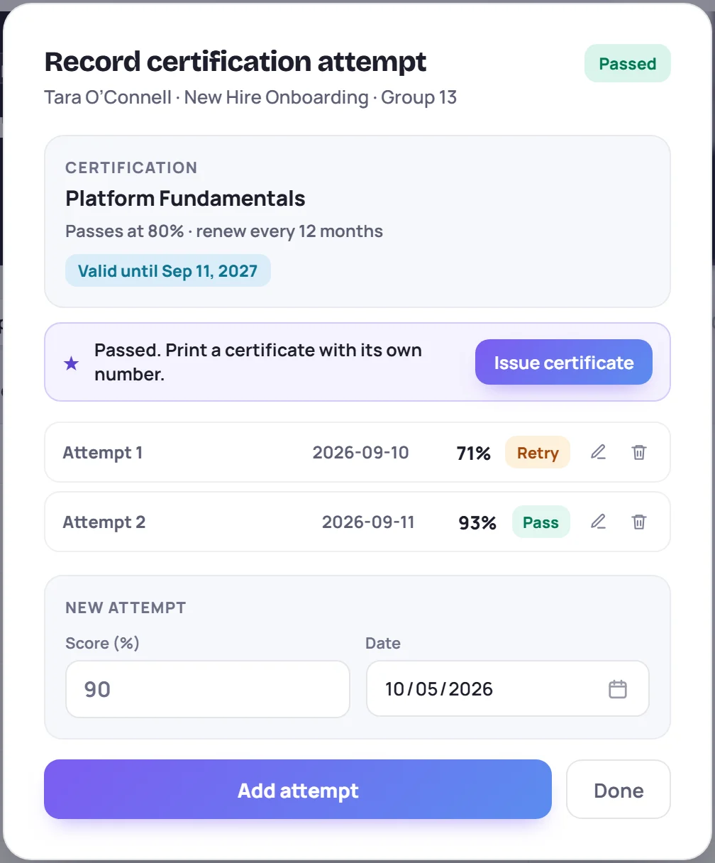 Tara O'Connell's attempts: 71% (Retry), then 93% (Pass), valid until Sep 11, 2027