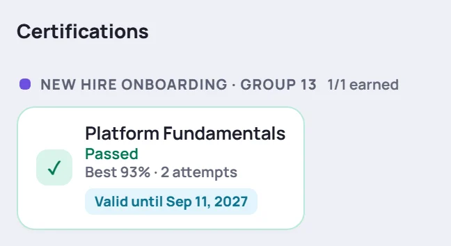 Tara O'Connell's profile: Platform Fundamentals passed, best 93% after 2 attempts, valid until Sep 11, 2027