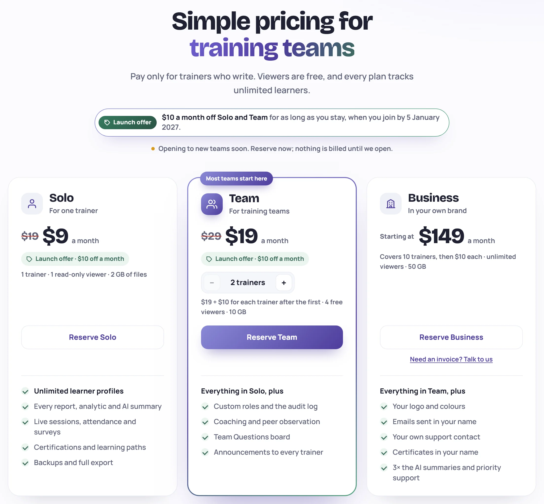 The pricing page: Solo, Team and Business, with the launch offer above them