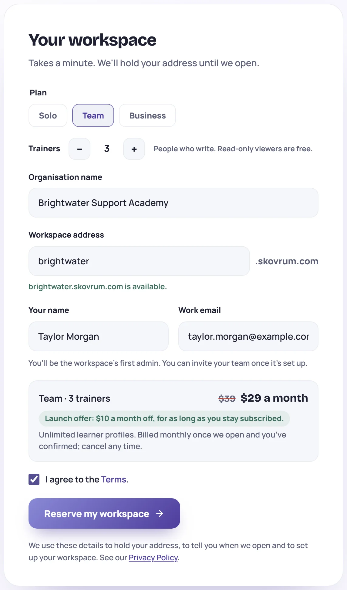 The workspace form: plan, trainers, organization name, address, your details and the price summary