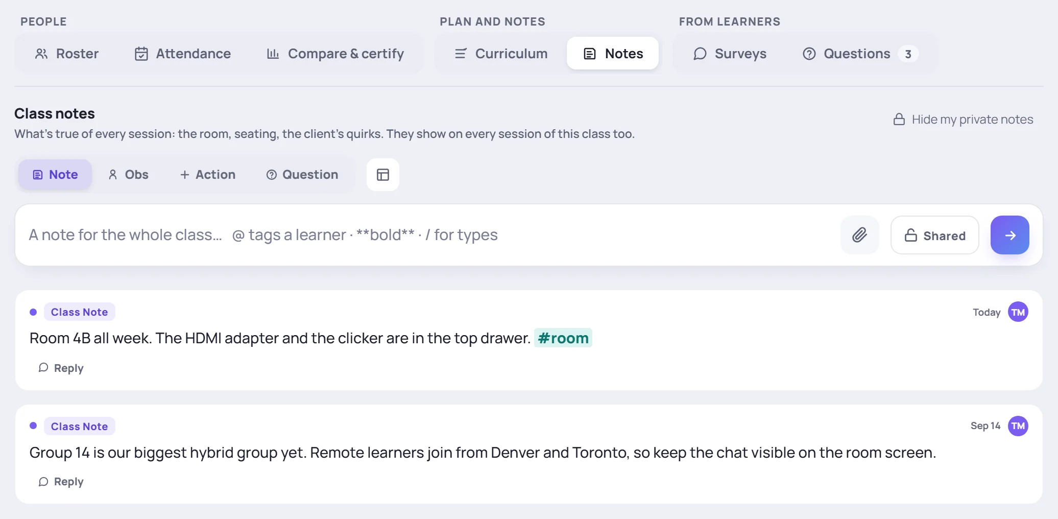 A class's Notes tab: the note box at the top and the class notes under it, newest first