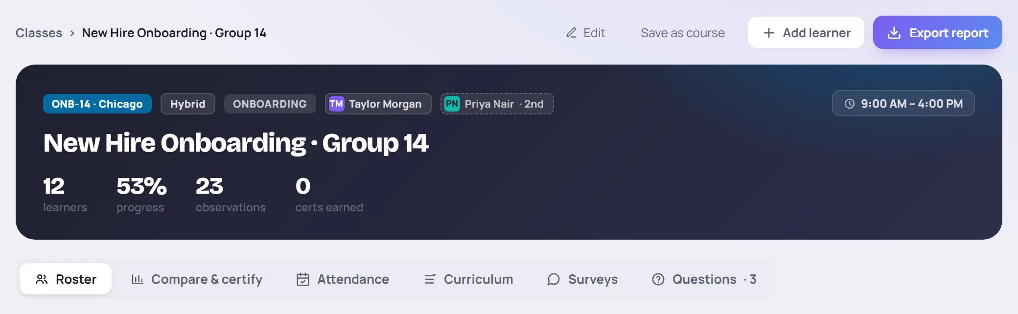 The class header with the Export report button