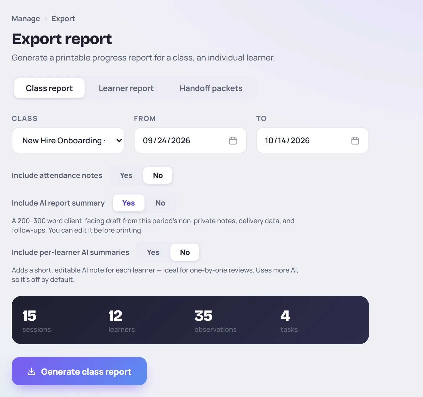 The Export report screen: Class, From and To, the attendance notes and AI switches, the counts, and Generate class report