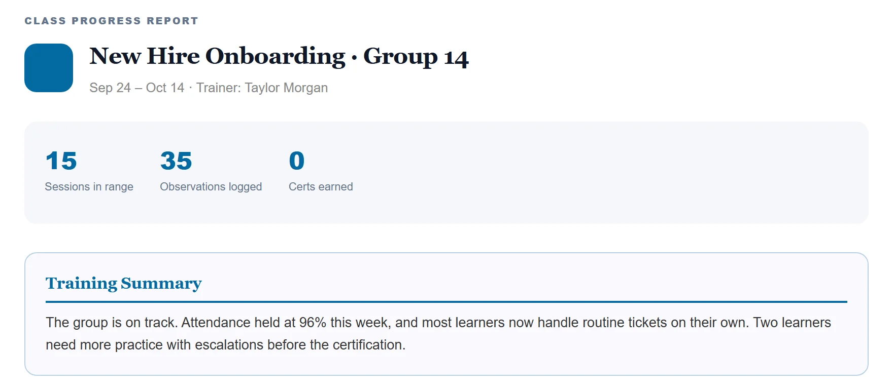 The top of a printed report: the class name and dates, the three numbers, and the Training Summary