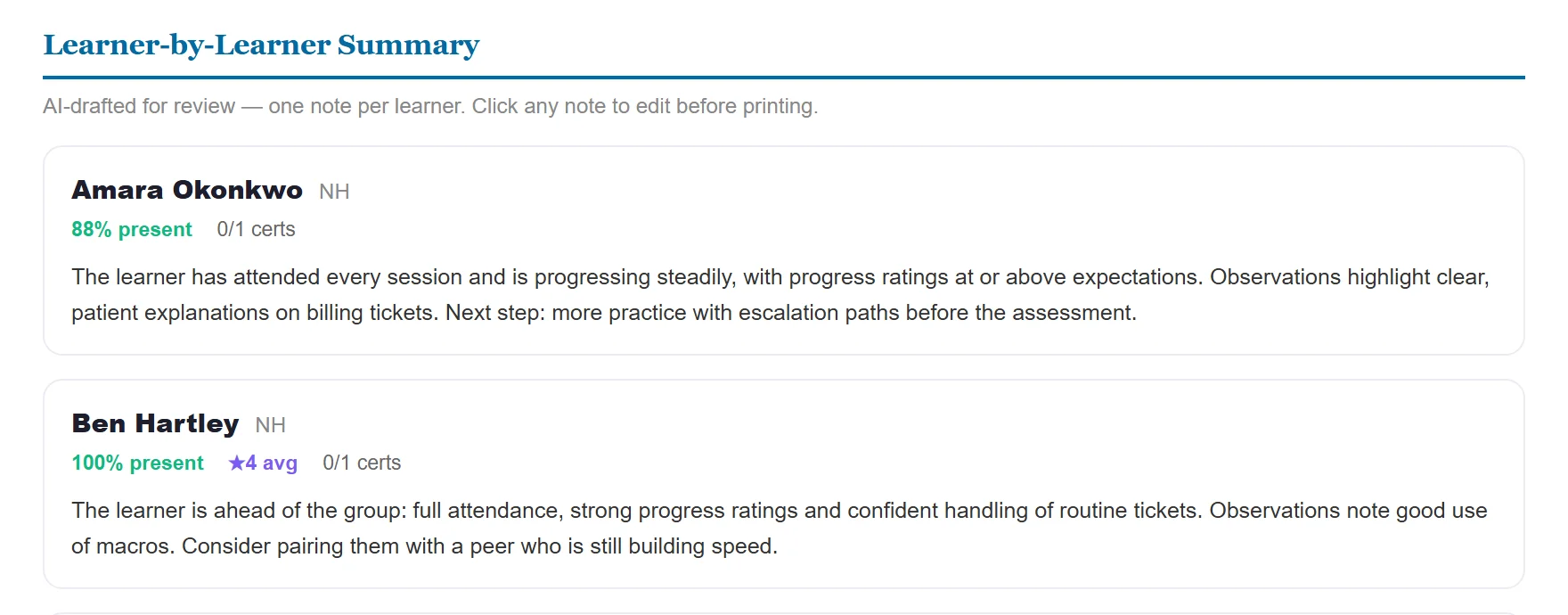 Two learner cards: attendance, ratings, certifications and an AI-written note each