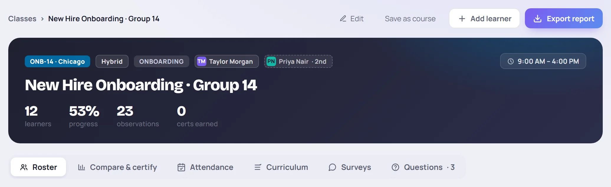 The top of a class page: buttons, the dark summary banner and the six tabs