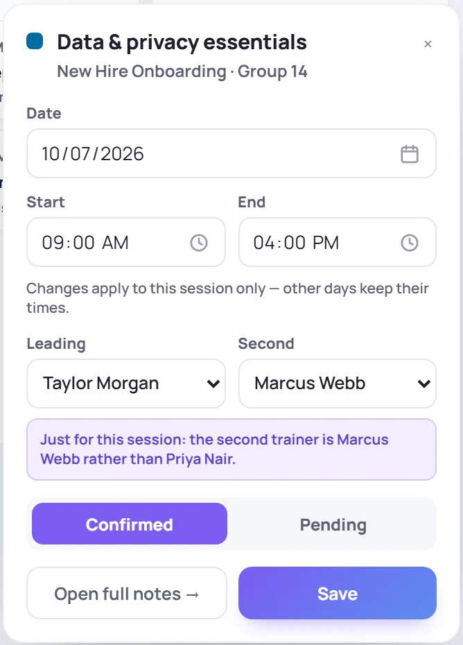 One session's schedule with a different second trainer, and the note "Just for this session"