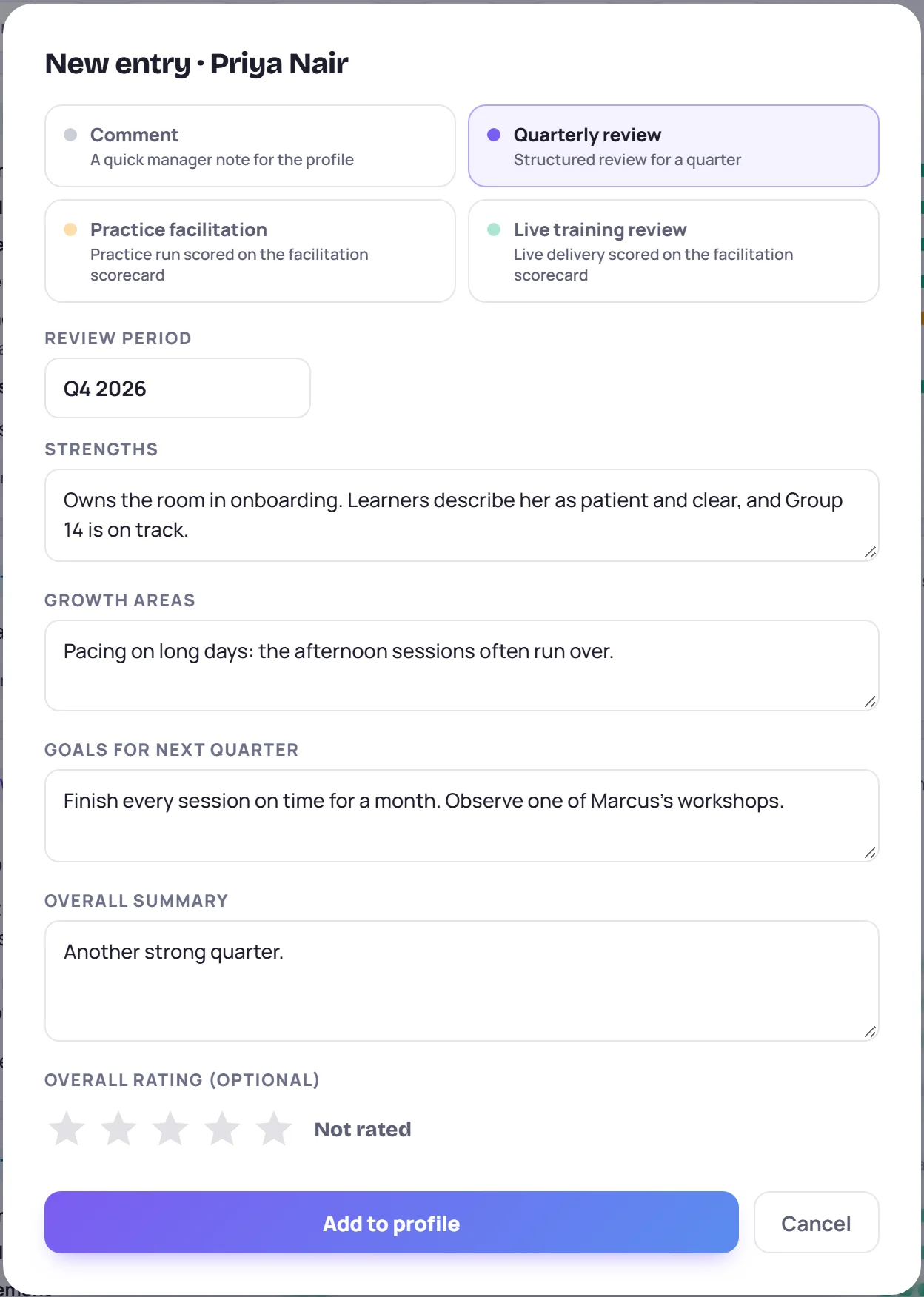 A new quarterly review: the review period, strengths, growth areas, goals and overall summary