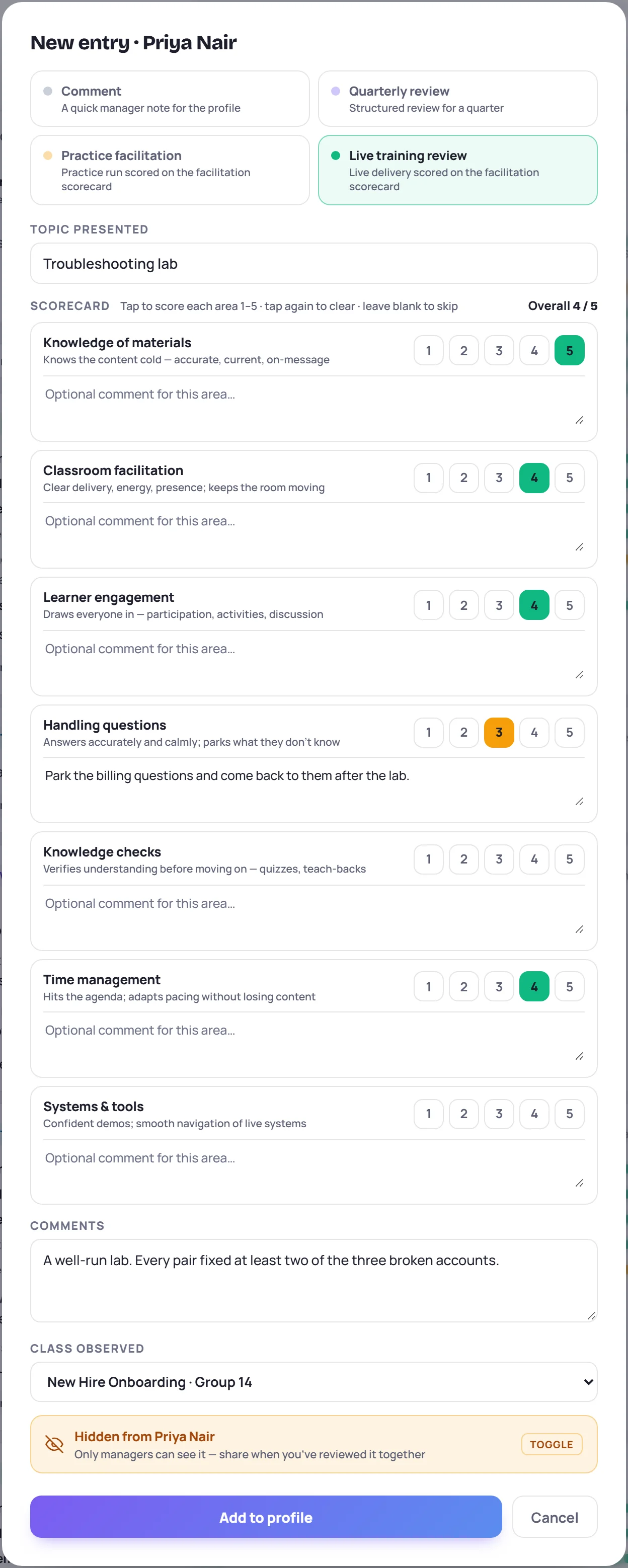 A live training review: topic, the seven-area scorecard with scores and a comment, the class observed and the visibility switch