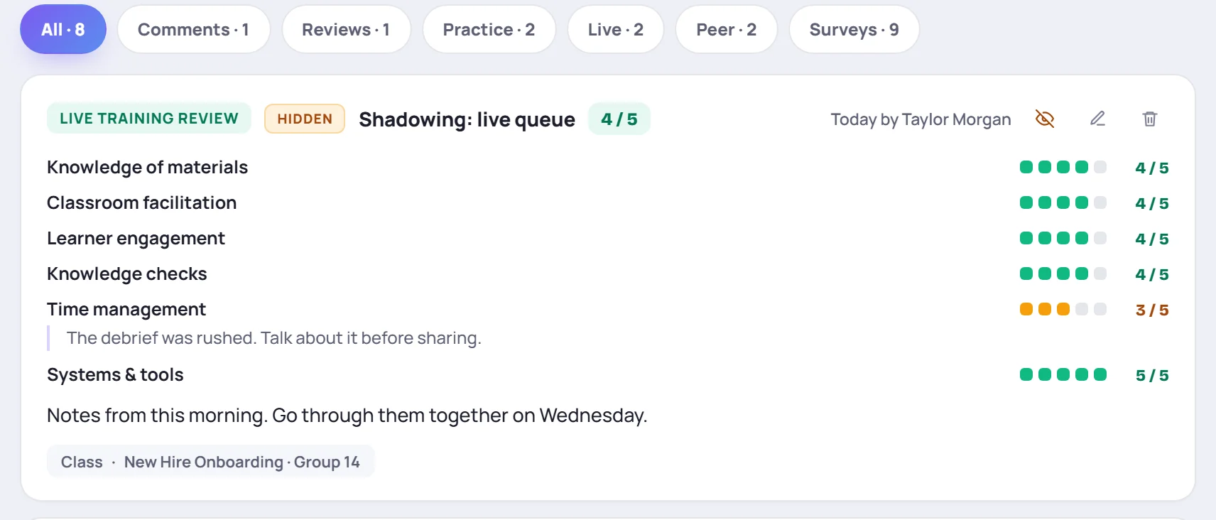 A hidden live training review on a trainer's profile, with its eye, edit and delete buttons