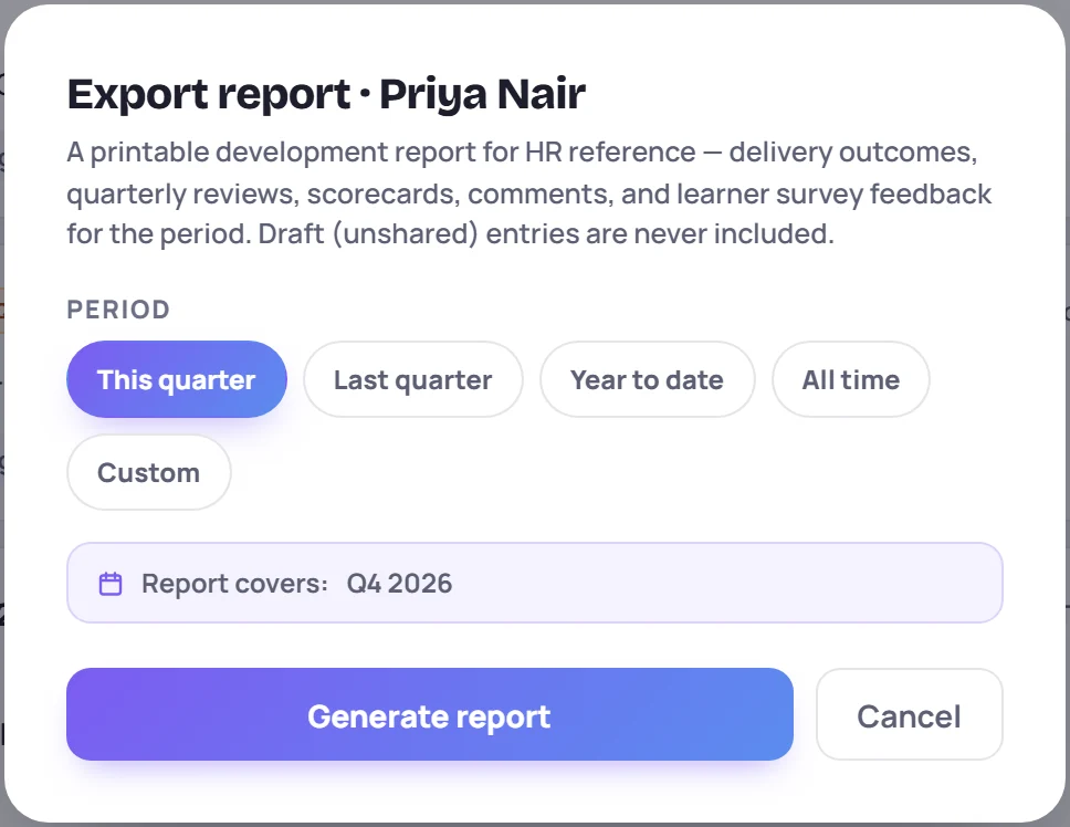 Export report: the period choices and the Generate report button