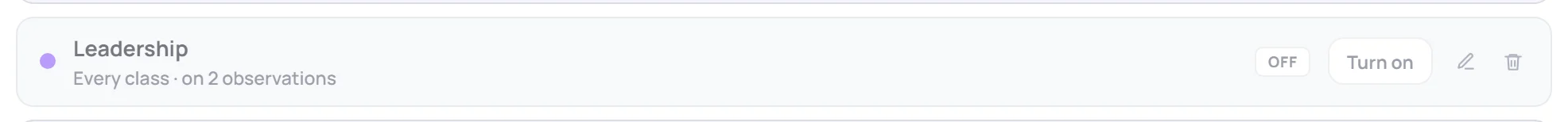Leadership, turned off: dimmed, marked OFF, with a Turn on button