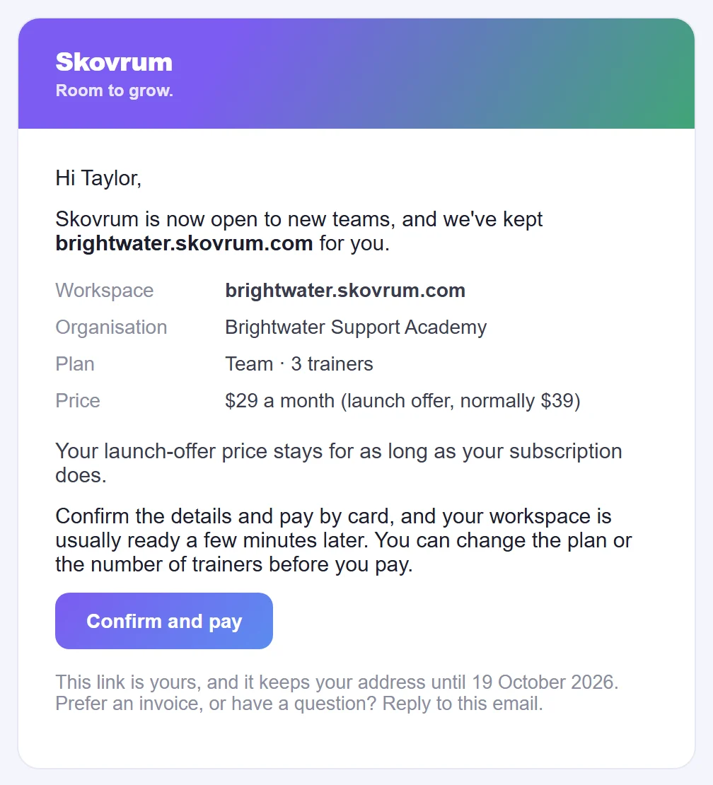 The confirmation email: workspace, organization, plan and price, with a Confirm and pay button