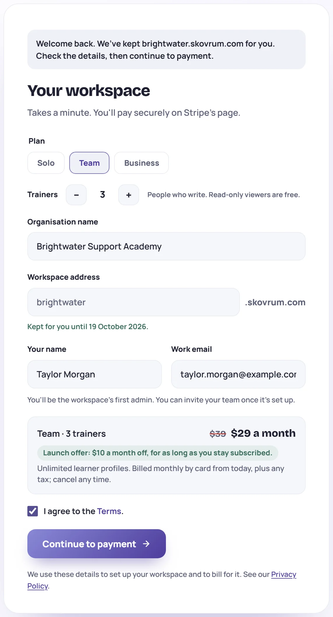 The start page opened from the email: details filled in, the address locked, and Continue to payment