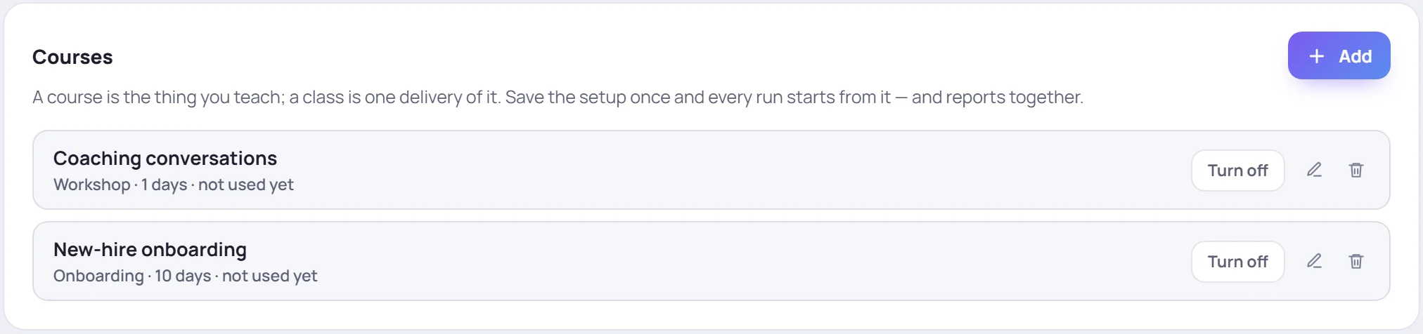 The Courses card in Manage → Data, with Turn off, edit and delete for each course