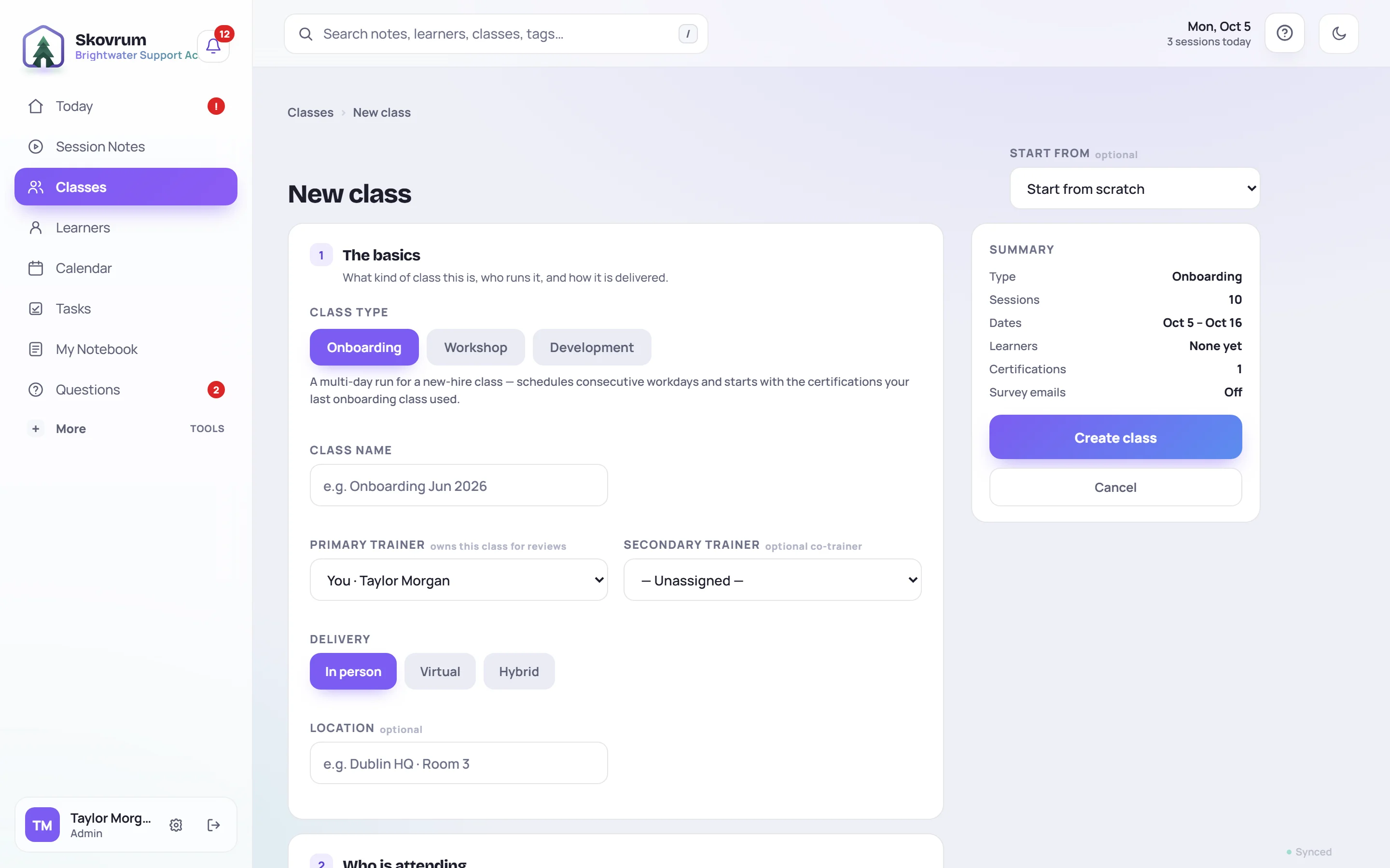 The new-class form: numbered cards on the left, the summary and Create class button on the right