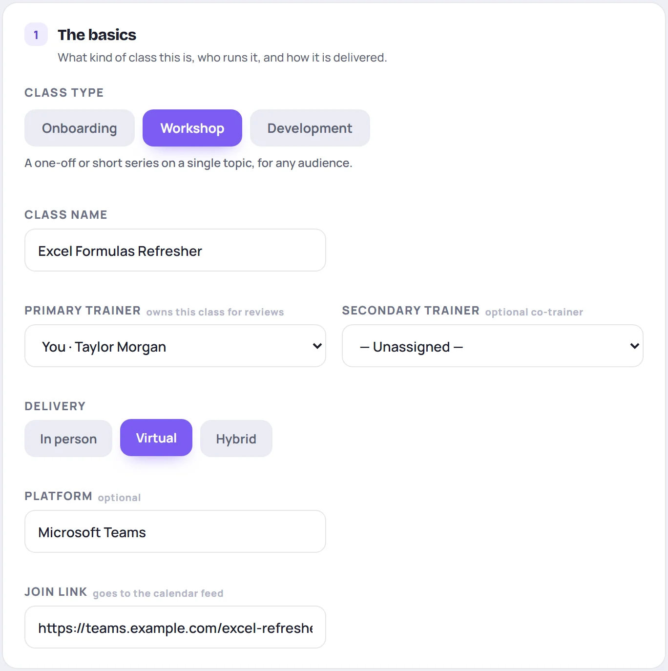The basics card: class type, class name, trainers, delivery and join link
