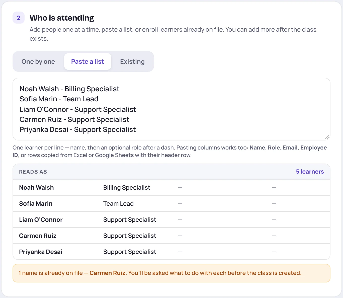Pasting a list of learners: the "Reads as" preview shows how each line was understood